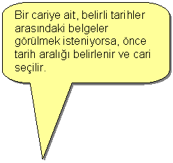 Keleri Yuvarlanm Dikdrtgen Belirtme izgisi: Bir cariye ait, belirli tarihler arasndaki belgeler grlmek isteniyorsa, nce tarih aral belirlenir ve cari seilir.